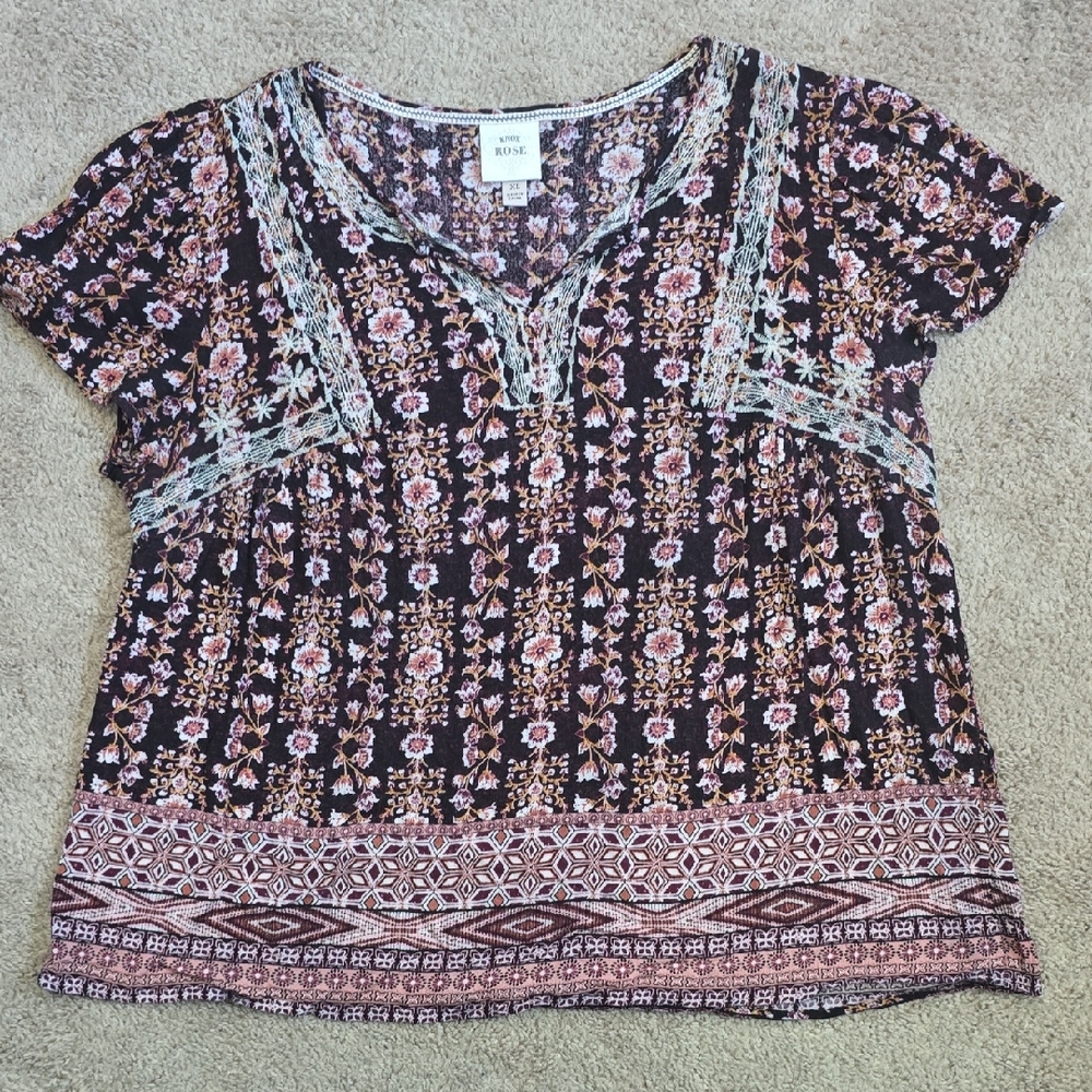 Knox Rose Boho Floral V-Neck Floral Embroidered Top XL